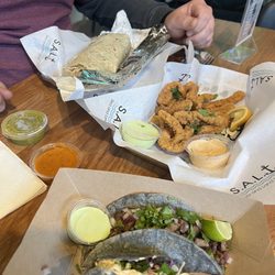 SALT Sea & Land Tacos - Carne Asada burrito, Carne Asada taco, shrimp taco and calamari