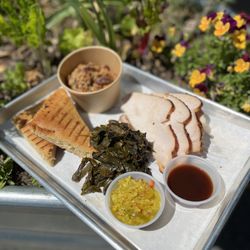 Food Experience - Smoked turkey breast with two sides, chow chow, and cornbread