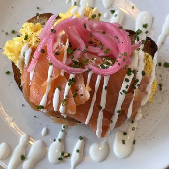 Saint James Espresso Bar & Eatery - Smoked salmon over scrambled eggs open face sourdough toast - Cafes Near Me - Hamilton, Ontario Saint James Espresso Bar & Eatery - Smoked salmon over scrambled eggs open face sourdough toast - Cafes Near Me - Hamilton, Ontario