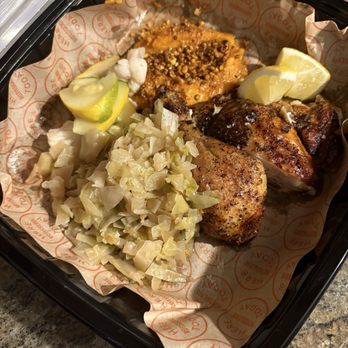 Here Today - Sliced rotisserie chicken with stewed cabbage and sweet potato hummus - Cafes Near Me - New Orleans, Louisiana