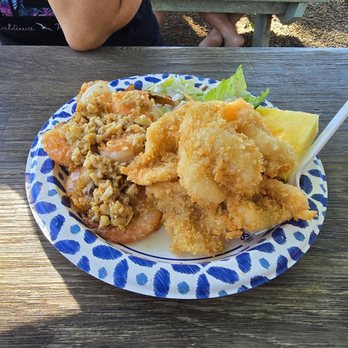 Big Wave Shrimp - You can make half/half shrimp plates. This one was coconut and garlic - Seafood Near Me - Haleiwa, Hawaii
