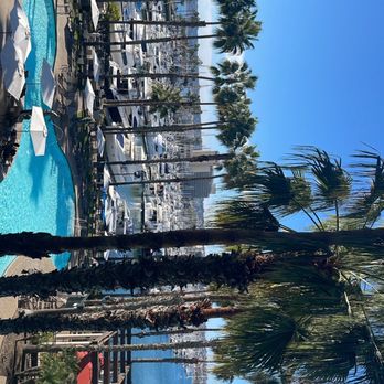 SAN Airport parking at Sheraton San Diego Hotel and Marina - View from the hotel room balcony facing the pool, Marina, and fire pit. - Hotels Near Me - San Diego, California