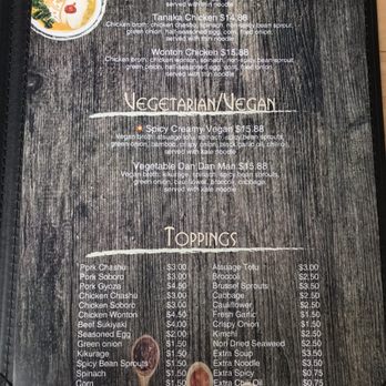 Tanaka Ramen - Menu - A menu from Tanaka Ramen listing chicken ramen options, vegetarian and vegan dishes, and a variety of toppings with prices. - Ramen Near Me - Bolingbrook, Illinois