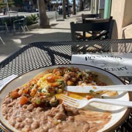 Delicious Huevos Rancheros, and beans. Delicious Huevos Rancheros, and beans.