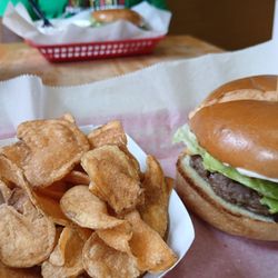 Marcella's And The After Hours Cafe - Ready to eat this Bourbon burger with housemate chips.!