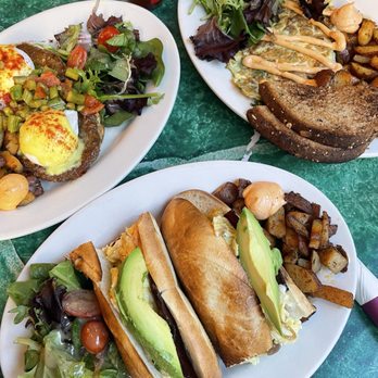 Cafe Bonjour - Signature Scramble Sandwich + Bonjour Omelet Plate + eggs benedict with Turkey Sausage - Breakfast & Brunch Near Me - Boston, Massachusetts