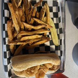 Smokehouse Market - Shrimp Po boy and fries.