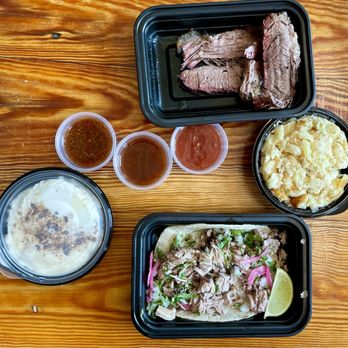 Noble Smoke - Prime Beef Brisket - 1/4 lb., Mac-n-Chz, Chopped Cheshire Pork Taco, Banana Pudding - Barbeque Near Me - Charlotte, North Carolina