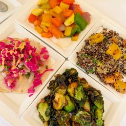 brussel sprouts, shrimp taco, quinoa salad, grilled vegetables