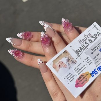 Hailey Nails & Spa - Crystal 3d flowers + French tips + polka dots - Nail Salons Near Me - San Anselmo, California Hailey Nails & Spa - Crystal 3d flowers + French tips + polka dots - Nail Salons Near Me - San Anselmo, California