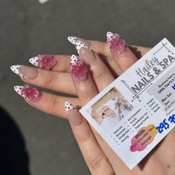 Hailey Nails & Spa - Crystal 3d flowers + French tips + polka dots