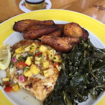 Guanabanas - Macadamia and coconut crusted grouper with mango salsa, sweet plantains, and bacon collard greens. - Seafood Near Me - Jupiter, Florida Guanabanas - Macadamia and coconut crusted grouper with mango salsa, sweet plantains, and bacon collard greens. - Seafood Near Me - Jupiter, Florida
