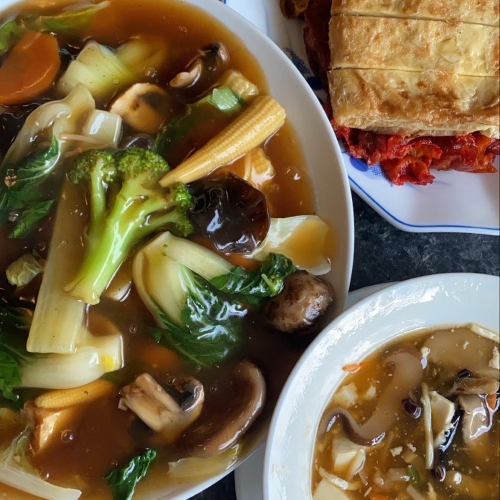 Vegetarian delight (noodles- 10$), mixed gluten patter (9$) and hot and sour soup small (good for two people). Vegetarian delight (noodles- 10$), mixed gluten patter (9$) and hot and sour soup small (good for two people).