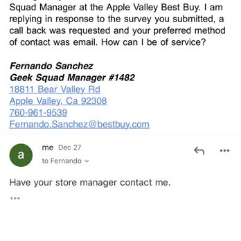 Best Buy Apple Valley - It's been two days and still no one has reached out. Clearly Fernando the Geek Squad mgr. is worthless too. - Electronics Near Me - Apple Valley, California