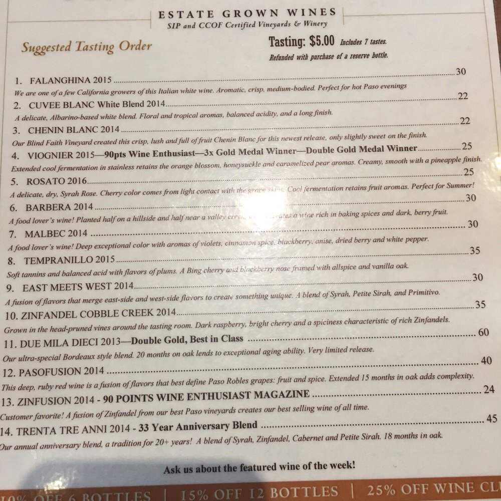 Castoro Cellars - The menu - $5 wine tasting :-) recommend the viognier :-) - Wineries Near Me - Templeton, California Castoro Cellars - The menu - $5 wine tasting :-) recommend the viognier :-) - Wineries Near Me - Templeton, California