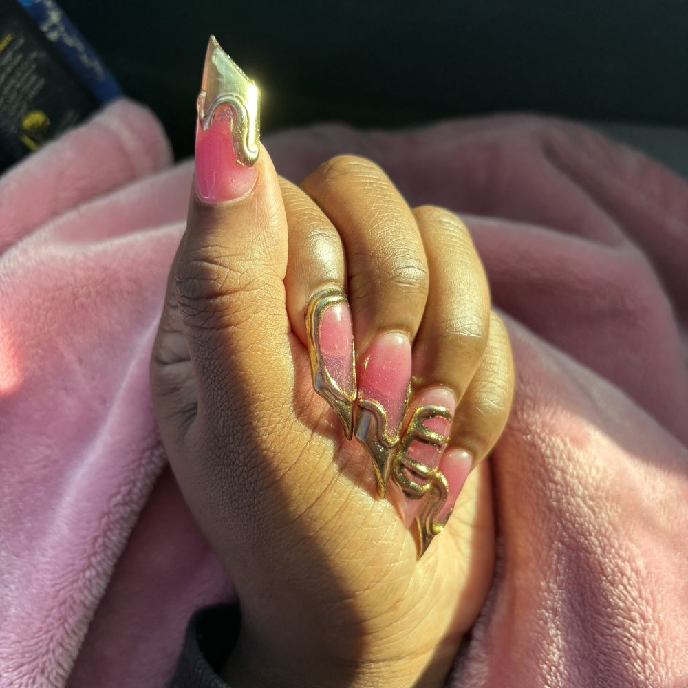 nails- lipstick shape, pink jelly with gold chrome