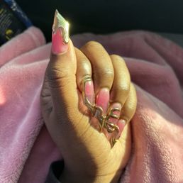 nails- lipstick shape, pink jelly with gold chrome nails- lipstick shape, pink jelly with gold chrome