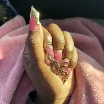 JK Nails & Spa - nails- lipstick shape, pink jelly with gold chrome - Nail Salons Near Me - Orlando, Florida JK Nails & Spa - nails- lipstick shape, pink jelly with gold chrome - Nail Salons Near Me - Orlando, Florida
