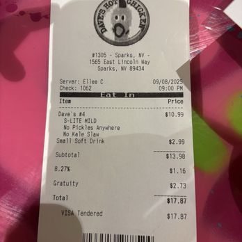 Dave's Hot Chicken - Pricing for one sandwich, fries, and a drink - Chicken Shop Near Me - Sparks, Nevada