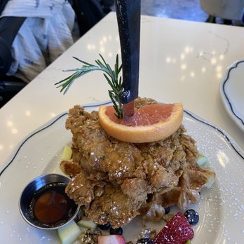 Sweet Maple - Delicious Chicken Croffle missing a 2nd waffle with the second Chicken piece and more maple syrup than is found in the container above. - Breakfast & Brunch Near Me - Cupertino, California