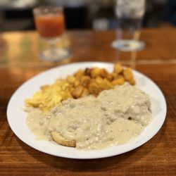 Old Bakery Beer - One Biscuit with Sausage Gravy, Breakfast Potatoes and One Scrambled Egg