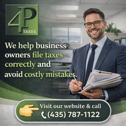 4P Taxes - 4P Taxes focused on business tax preparation. The image shows a tax professional holding documents in an office setting, with...