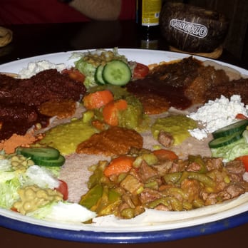 Abyssinia Afrikaans Eet-Cafe - Meat and Veggie platters combined. - African Near Me - Amsterdam, New Hampshire