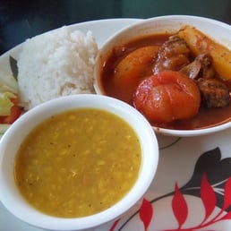 Kebab in Tomato Sauce, plus rice, addas soup and salad. Budget meal. Kebab in Tomato Sauce, plus rice, addas soup and salad. Budget meal.
