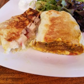 Cafe Des Amis - Breakfast burrito and chicken, avocado, mozzarella, tomato, and Caesar dressing crepe. - Mediterranean Near Me - Paia, Hawaii