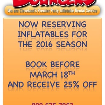 Cleveland Bouncers - Book Now for Spring/ Summer 2016
800-675-7962 - Party Supplies Near Me - University Heights, Ohio Cleveland Bouncers - Book Now for Spring/ Summer 2016
800-675-7962 - Party Supplies Near Me - University Heights, Ohio