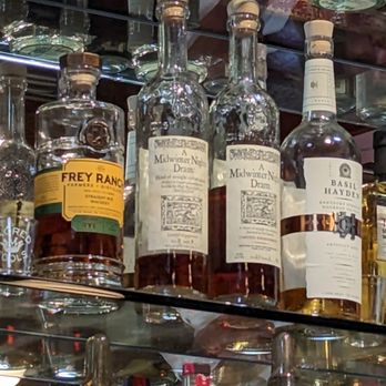 Broadwater Plunge - bottles of alcohol on a glass shelf - Bars Near Me - Los Angeles, California Broadwater Plunge - bottles of alcohol on a glass shelf - Bars Near Me - Los Angeles, California