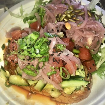 Graze 1910 - Ahi tuna tartine with guacamole, pickled onion, carrot, scallion , and French toast bread - Breakfast & Brunch Near Me - Tampa, Florida