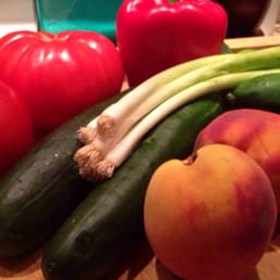 Tomatoes, Red Pepper, Cucumbers, Green Onions, and Georgia Peaches. Tomatoes, Red Pepper, Cucumbers, Green Onions, and Georgia Peaches.