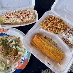 Carnitas taco Elote Beef tamale with rice and beans