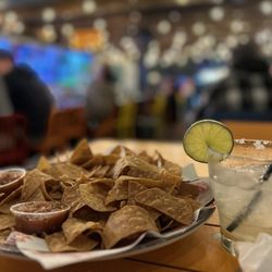 Chips, salsa, and a margarita on the rocks