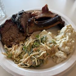 LOVE AND SMOKE BARBECUE - Brisket and pork baby back ribs and Cole slaw and potato salad