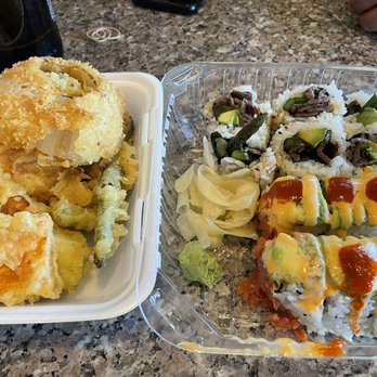 Yo Sushi - Vegetable tempura, teriyaki beef with asparagus and avocado roll, and the deluxe lambada roll - Sushi Bars Near Me - Vallejo, California