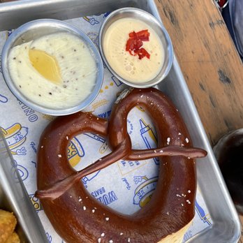Wursthall - Pretzel (NO) with black pepper honey butter (YES) and pepper Jack queso (OKAY) - German Near Me - San Mateo, California