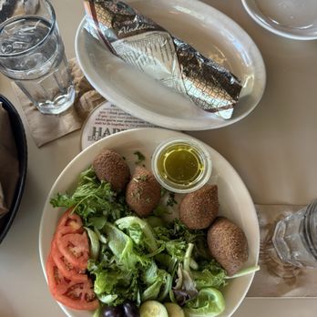 Aladdin's Eatery - Oberlin - Linnie plate and rolled falafel pita - Mediterranean Near Me - Oberlin, Ohio