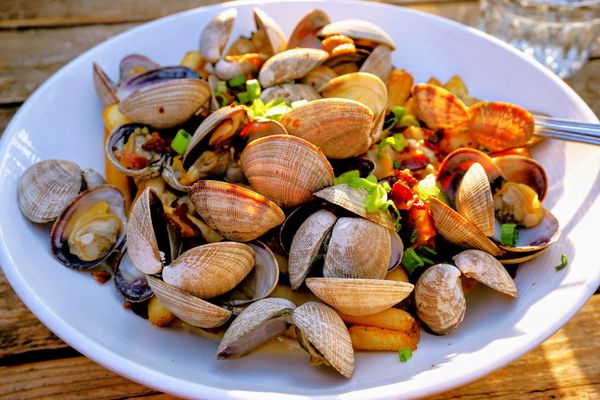 Photo of The White Swan Public House - Seattle, WA, US. Poutine of the Sea: chowder-style gravy, steamed clams, fries, scallions, bacon ($23).