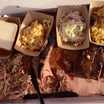 Caldwell County BBQ - Bottom row, left to right: Quarter lb pulled pork, brisket and ribs Top row, left to right: mac n cheese, slaw and corn casserole - Barbeque Near Me - Gilbert, Arizona