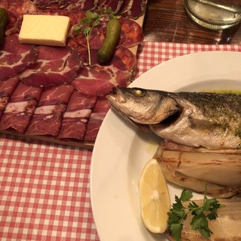 Les Bombistrot - Fish of the day-sea bass with pesto and fennel and huge charcuterie of meat - French Near Me - Paris, 75