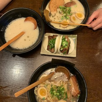 Marumen - Top is the Braised Chicken Ramen with extra braised chicken and extra egg. Center: pork buns. Bottom: shoyu ramen no bean sprout extra egg - Ramen Near Me - Fairfax, Virginia