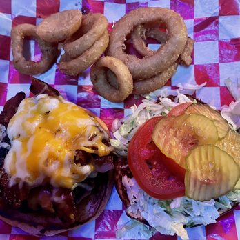 Coyote Bluff Cafe - Bacon Cheese Burger with Onion Rings! - Burgers Near Me - Amarillo, Texas Coyote Bluff Cafe - Bacon Cheese Burger with Onion Rings! - Burgers Near Me - Amarillo, Texas