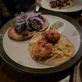 Chela Park Slope - Shrimp taco on the right and arabica taco on the left - Mexican Near Me - Brooklyn, New York