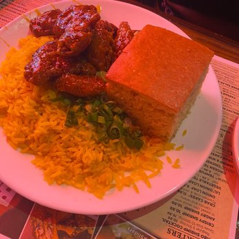Dallas BBQ - Sticky tenders and yellow rice, and corn bread - Barbeque Near Me - Bronx, New York
