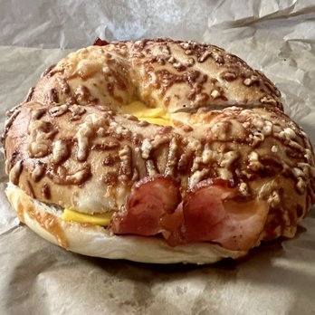 The Bagel Meister - Bacon egg & cheese on Asiago cheese bagel - Bagels Near Me - Douglasville, Georgia The Bagel Meister - Bacon egg & cheese on Asiago cheese bagel - Bagels Near Me - Douglasville, Georgia