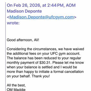 UFC GYM Hilo - Written confirmation from UFC Gym in Hilo HI stating my balance was $30.31, which was later not honored in person. - Gyms Near Me - Hilo, Hawaii UFC GYM Hilo - Written confirmation from UFC Gym in Hilo HI stating my balance was $30.31, which was later not honored in person. - Gyms Near Me - Hilo, Hawaii
