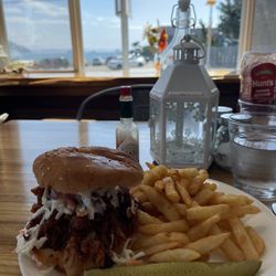 Shoreline Inn Bistro - Pulled pork sandwich with fries. We added cole slaw. So delicious and fresh!
