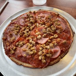 Gluten free no cheese meat lovers pizza Gluten free no cheese meat lovers pizza